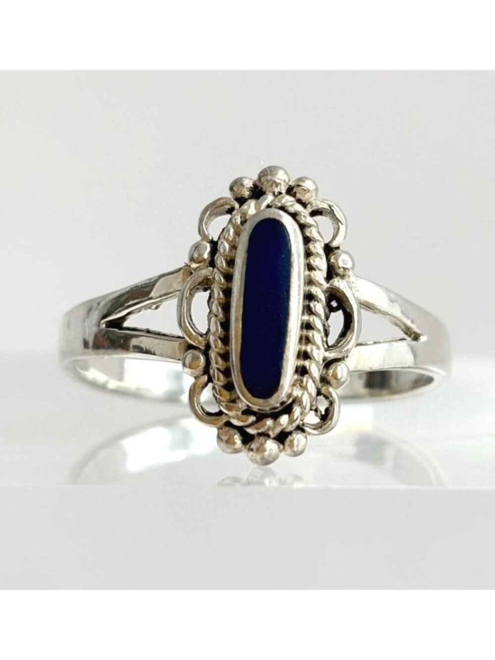 Lapis Lazuli Oval Scalloped Beaded Southwest Sterling Silver 925 Vintage Ring - Picture 1 of 14